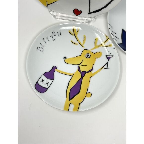 Pottery Barn 7" Christmas Reindeer Salad Plates Set Of 3 Comet Cupid Blitzen - Picture 3 of 6